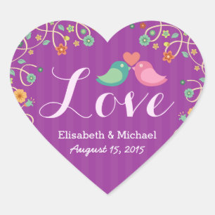 Wedding Love Heart Purple Swirl Floral Love Birds Sticker