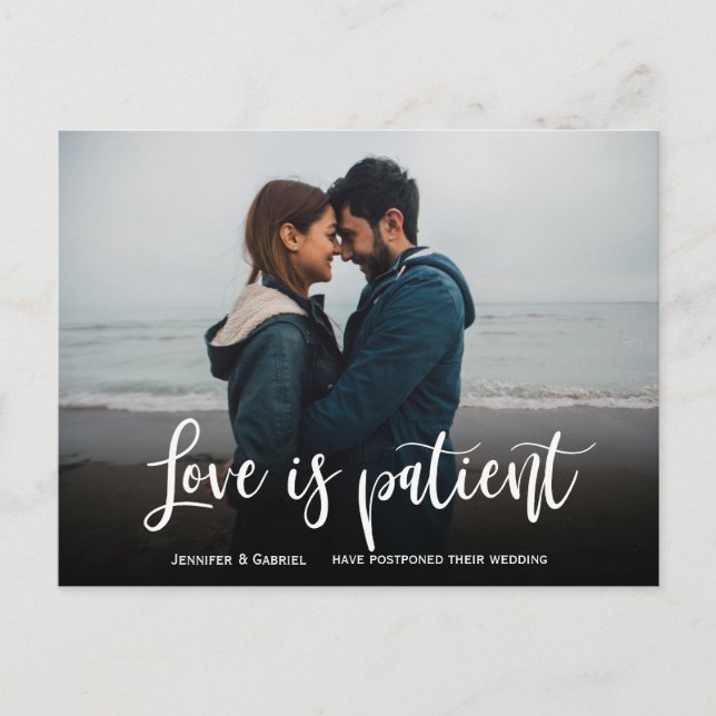 Wedding Love is Patient Postponed Simple Photo Announcement Postcard (Front)