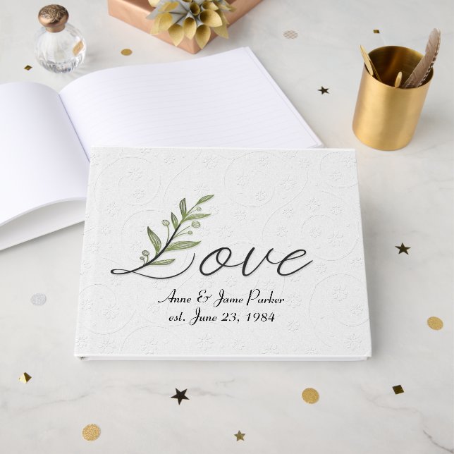 Wedding Love Leaf On Embossed White Guest Book (Front Open)