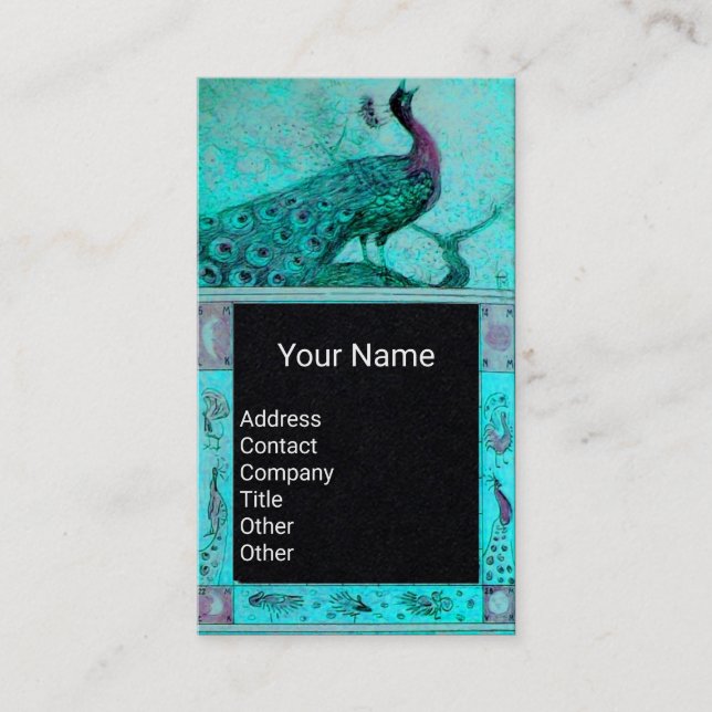 WEDDING LOVE PEACOCK MONOGRAM Blue Black Paper Business Card (Front)