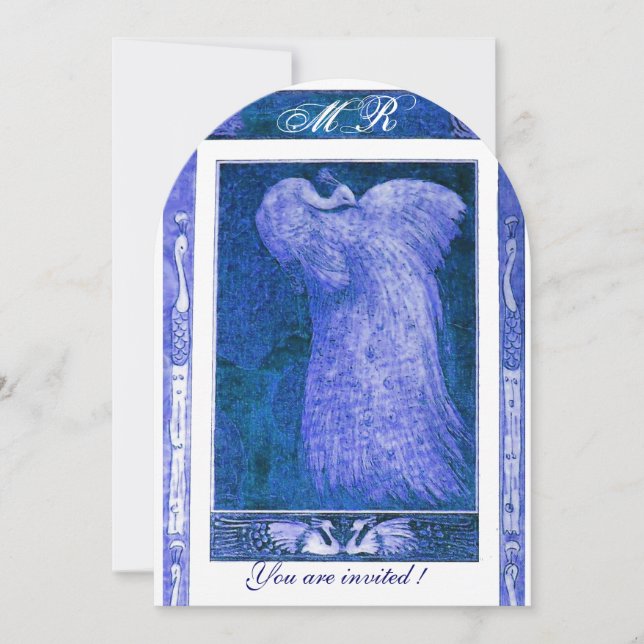 WEDDING LOVE PEACOCK MONOGRAM Blue White Invitation (Front)