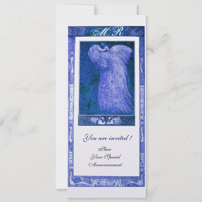 WEDDING LOVE PEACOCK MONOGRAM Blue White Pearl Invitation (Front)