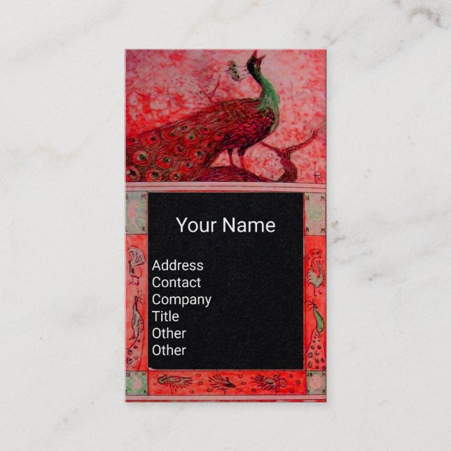 WEDDING LOVE PEACOCK MONOGRAM Red Black Paper Business Card (Front)