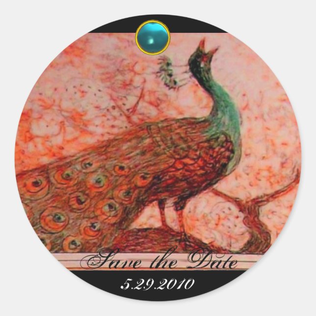 WEDDING LOVE PEACOCK orange black blue aquamarine Classic Round Sticker (Front)