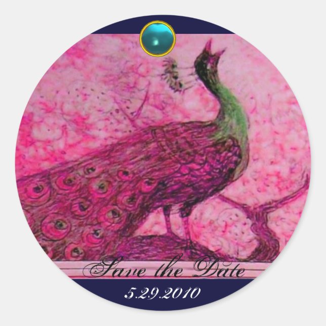 WEDDING LOVE PEACOCK pink fuchsia blue aquamarine Classic Round Sticker (Front)