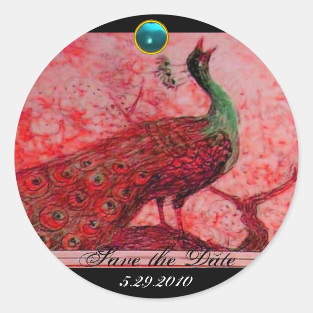 WEDDING LOVE PEACOCK red black blue aquamarine Classic Round Sticker (Front)