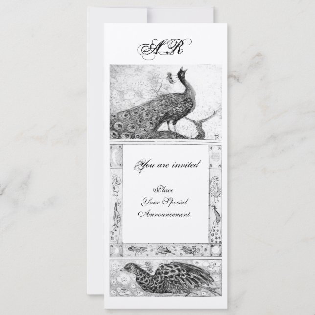 WEDDING LOVE PEACOCKS MONOGRAM black white silver Invitation (Front)