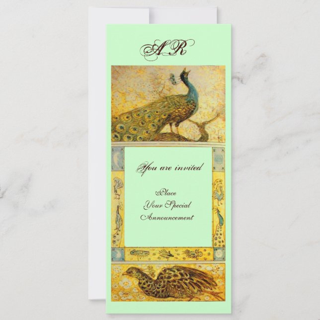 WEDDING LOVE PEACOCKS MONOGRAM ,brown green yellow Invitation (Front)