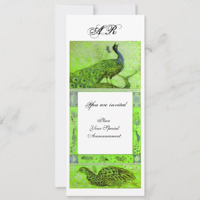 WEDDING LOVE PEACOCKS MONOGRAM green white Invitation (Front)