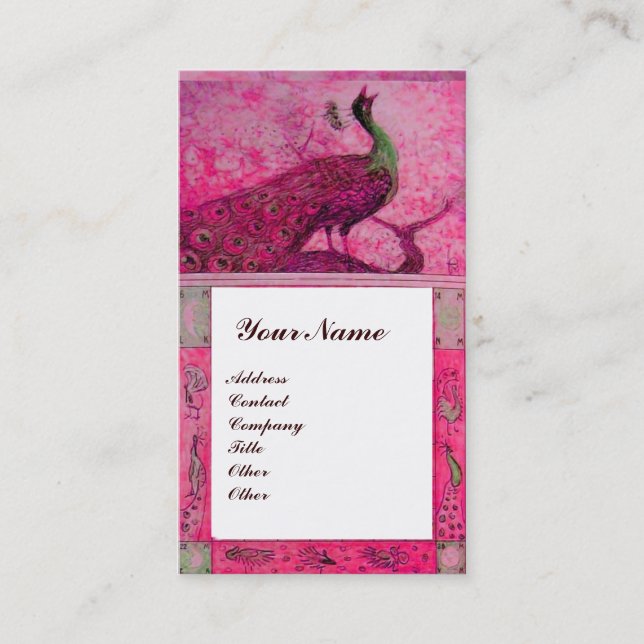 WEDDING LOVE PEACOCKS MONOGRAM Pink Fuchsia White Business Card (Front)