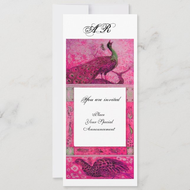 WEDDING LOVE PEACOCKS MONOGRAM pink fuchsia white Invitation (Front)