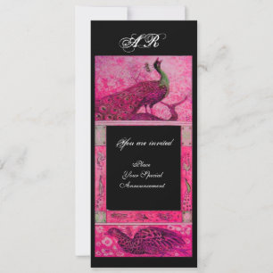 WEDDING LOVE PEACOCKS MONOGRAM pink fuchsiablack Invitation