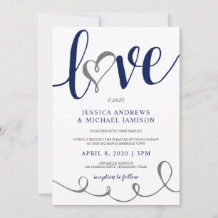 Wedding Love Script Navy Blue & Grey Heart Invitation