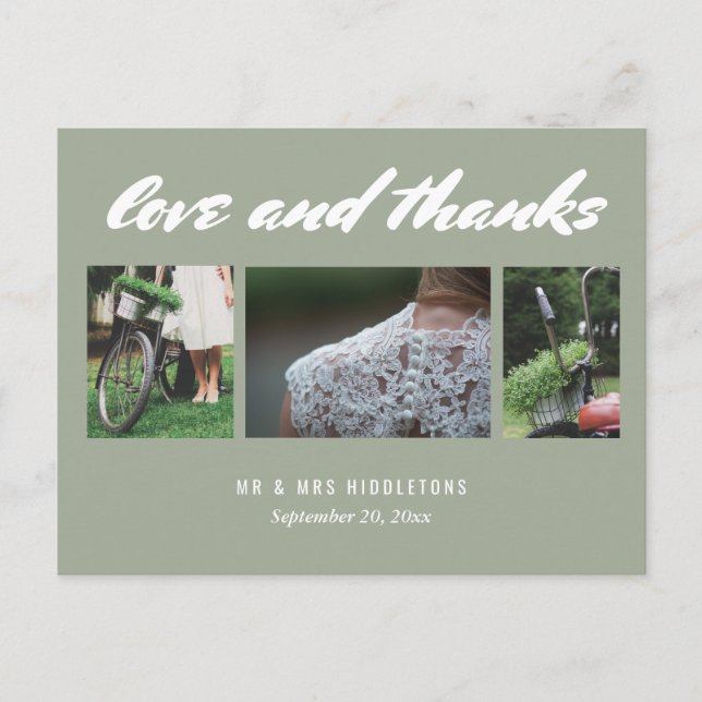 Wedding Love & Thanks Script | Three Photos Grey Postcard (Front)