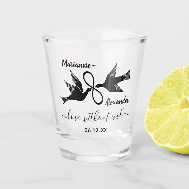 Wedding Lovebirds Infinity | Custom Couples Names Shot Glass (Front)