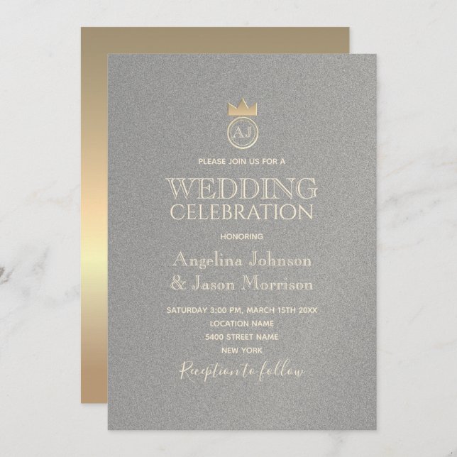 Wedding Luxury Silver and Gold Monogram Invitation (Front/Back)