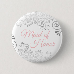 Wedding Maid of Honour Button Pink & Grey