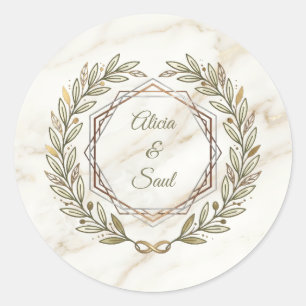Wedding Marble and Laurel Classic Round Sticker