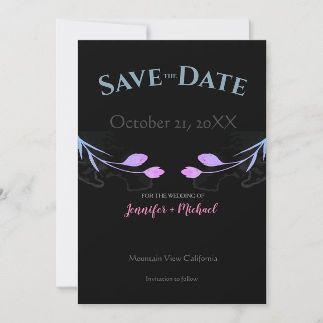 Wedding Marriage Minimalist  Chic Black Floral Save The Date (Front)