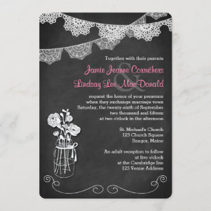 Wedding Mason Jar, Lace Bunting Chalkboard 3 Invitation