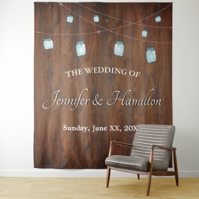 Wedding Mason Jar Lights Barn Wood Backdrop Tapestry (In Situ)