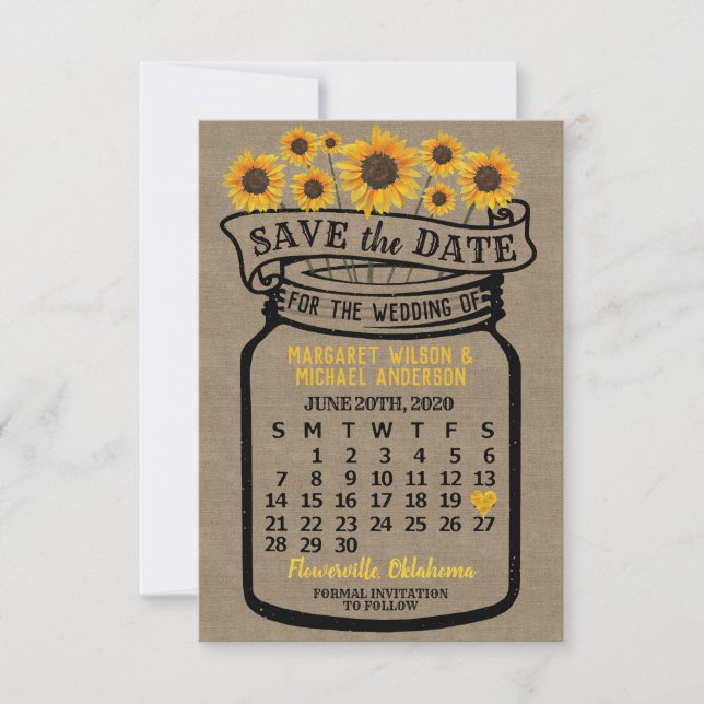 Wedding Mason Jar Sunflowers June 2020 Calendar Save The Date (Front)