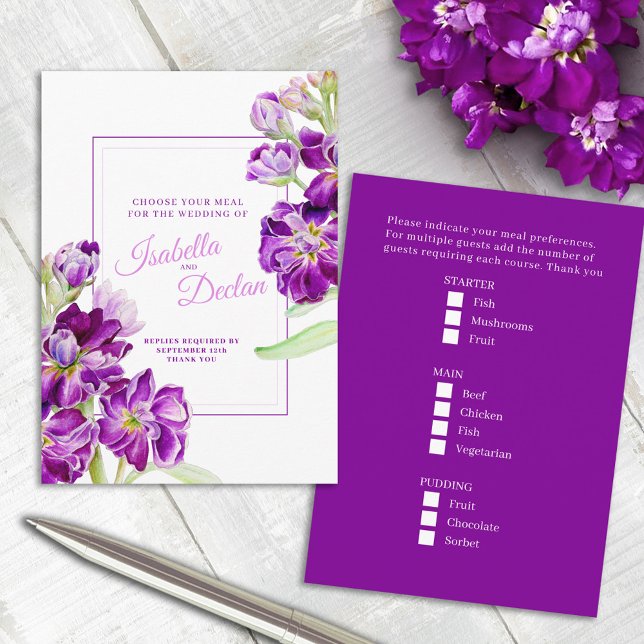 Wedding meal choice hoary stock purple flowers enclosure card (Creator Uploaded)