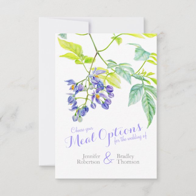 Wedding meal choice purple floral reply cards (Front)