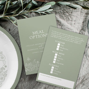 Wedding meal options sage green white blossom enclosure card