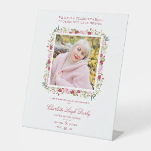 Wedding Memorial Table Red & Pink Shades Garland Pedestal Sign