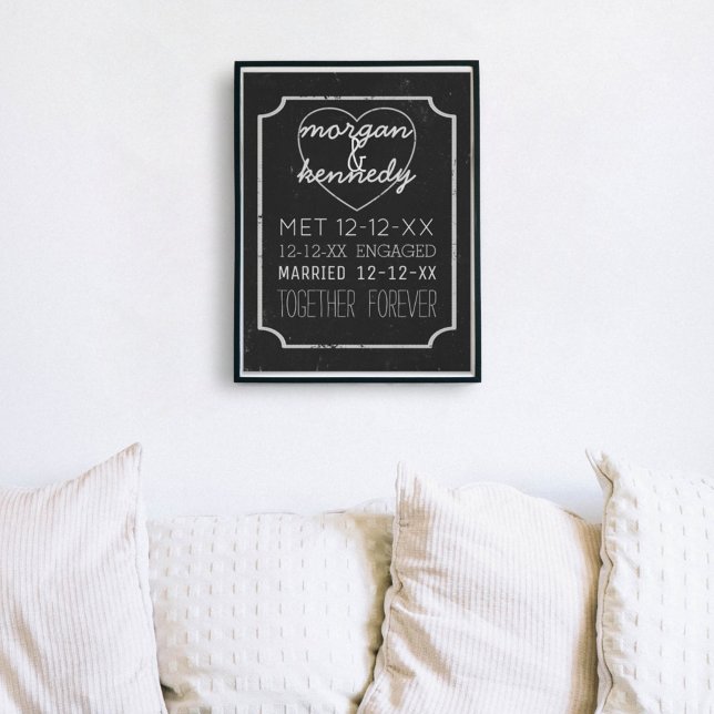 Wedding Memory Engagement Story Black and White Poster (Add your own love story dates to this black and white chalkboard style poster)
