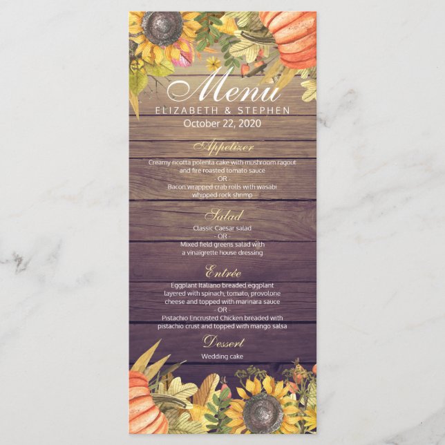 Wedding Menu Autumn Maple Leaves Pumpkin Sunflower (Front)
