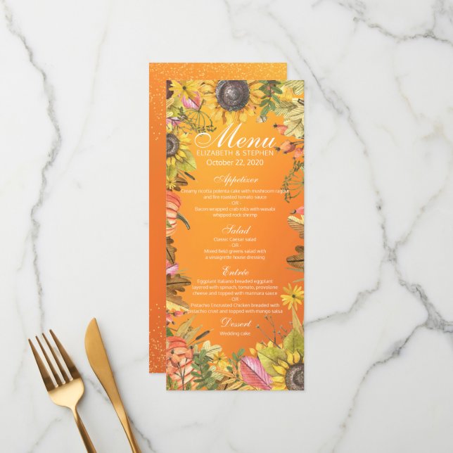 Wedding Menu Autumn Maple Leaves Pumpkin Sunflower (Front/Back In Situ)