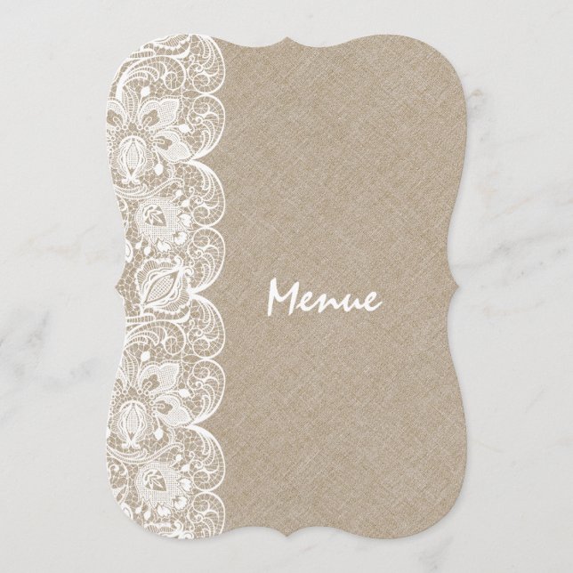 Wedding Menu Beige Linen White Vintage Lace (Front)