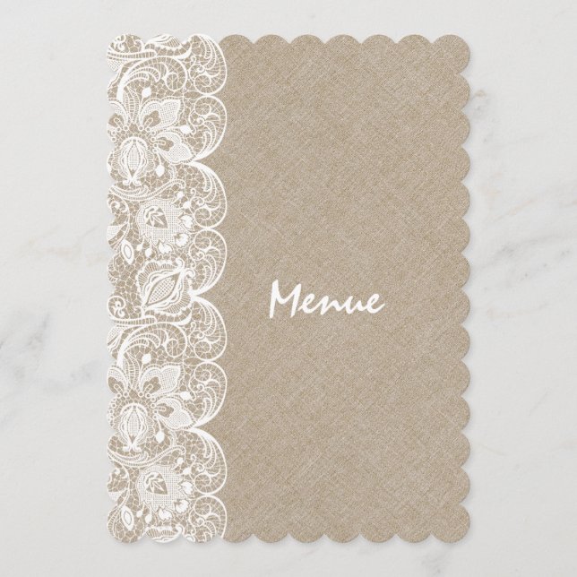 Wedding Menu Beige Linen White Vintage Lace (Front)