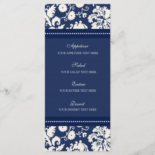 Wedding Menu Blue Floral Damask (Front)