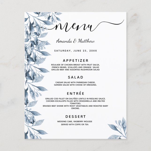 Wedding Menu blue white botanical florals (Front)