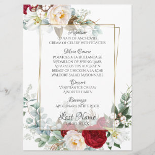 Wedding Menu Burgundy and Ivory Peonies