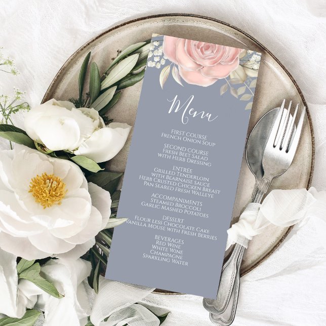 Wedding Menu Calligraphy Script Pink Floral (Wedding menu card with calligraphy script and elegant foliage.)
