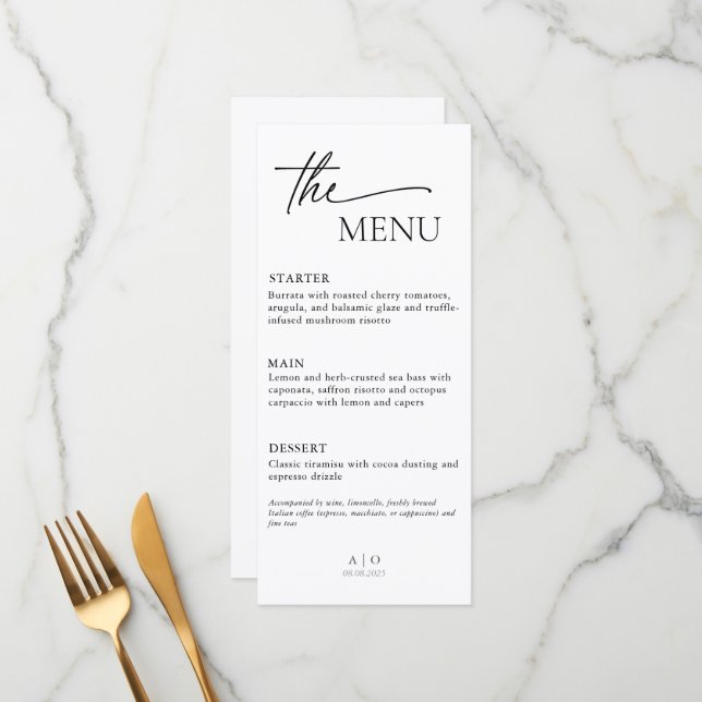 Wedding Menu Card for Three Course Dinner  (Front/Back In Situ)
