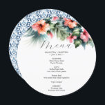Wedding Menu Card Watercolor Hibiscus Flowers<br><div class="desc">This wedding menu card features a top boarder of watercolor hibiscus flowers in shades of pink and orange. The card reverses to reveal a watercolor ornate pattern in a classic blue. Use the template fields to DIY your personalised details. The round design is a charming choice for tropical garden and...</div>