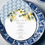 Wedding Menu Card Watercolor Hibiscus Flowers<br><div class="desc">This wedding menu template features a beautiful watercolor hibiscus menu card design with a soft yellow floral top border and an ornate watercolor pattern on the reverse, creating a refined and artistic presentation. Perfect as a DIY tropical wedding menu, this round wedding menu template is a charming choice for tropical...</div>