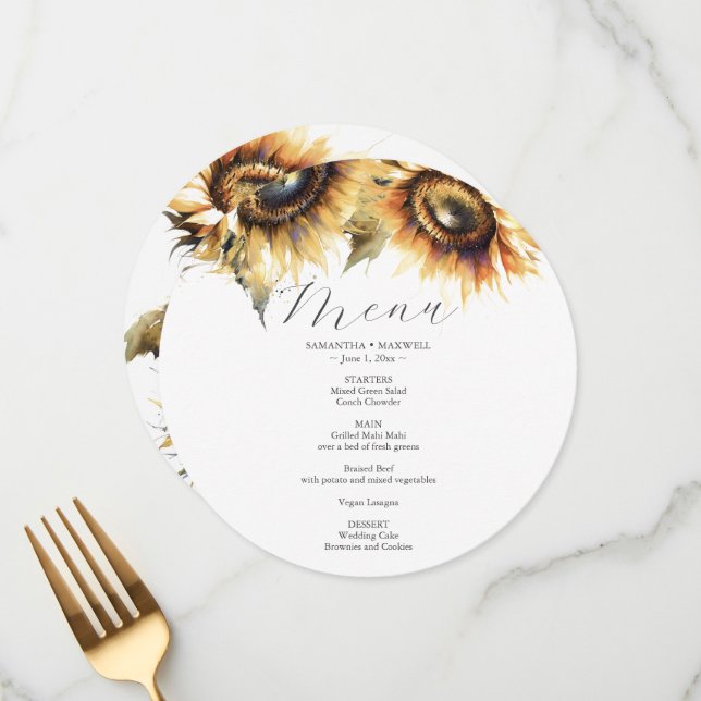 Wedding Menu Card Watercolor Sunflowers (Front/Back In Situ)