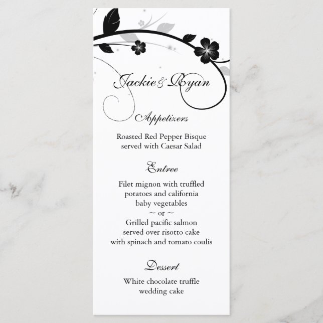 Wedding Menu Cards Black & White Floral Wall (Front)