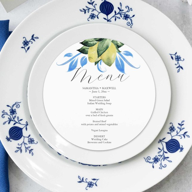 Wedding Menu Cards Blue and Yellow Lemons (Wedding menu card blue and yellow lemons and botanicals by Victoria Grigaliunas of Do Tell A Belle)