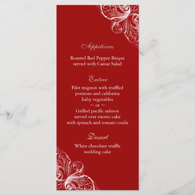 Wedding Menu Cards Elegant Monogram Red White (Front)