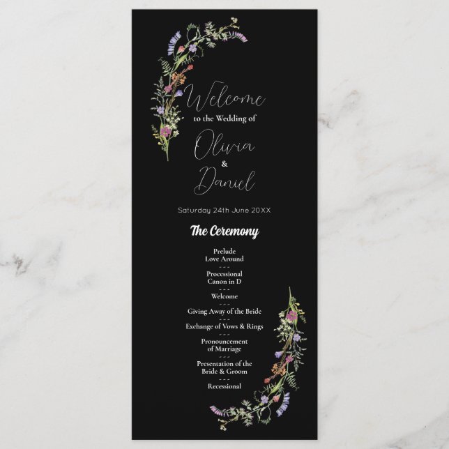 Wedding Menu Ceremony Wildflowers Floral Dark (Front)