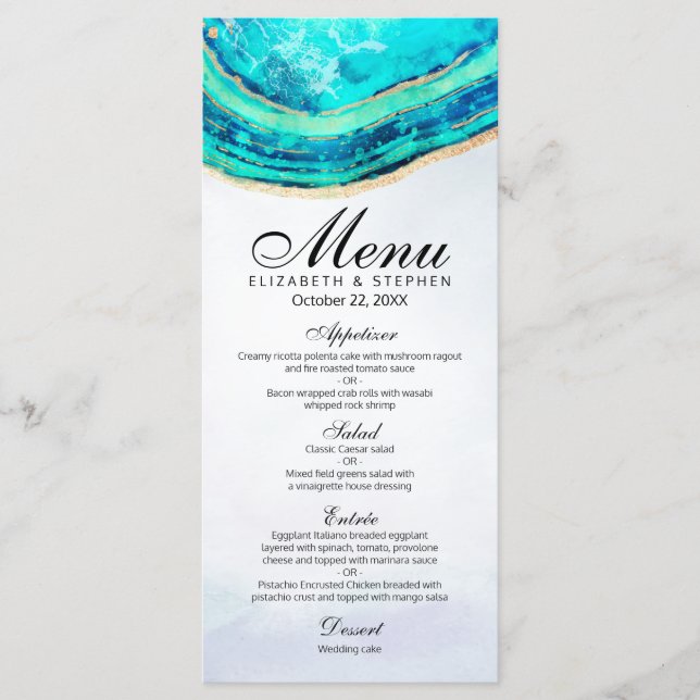 Wedding Menu Chic Watercolor Teal Gold Agate Geode (Front)