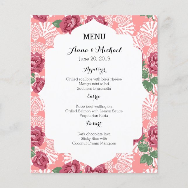 Wedding Menu Delicate Country Chic Rose & Lace (Front)