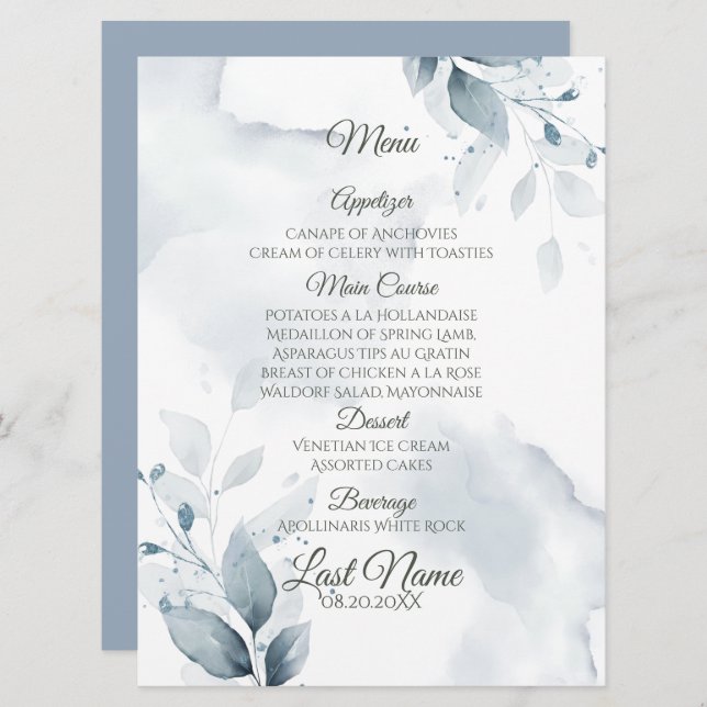 Wedding Menu | Dusty Blue Botanical Menu (Front/Back)